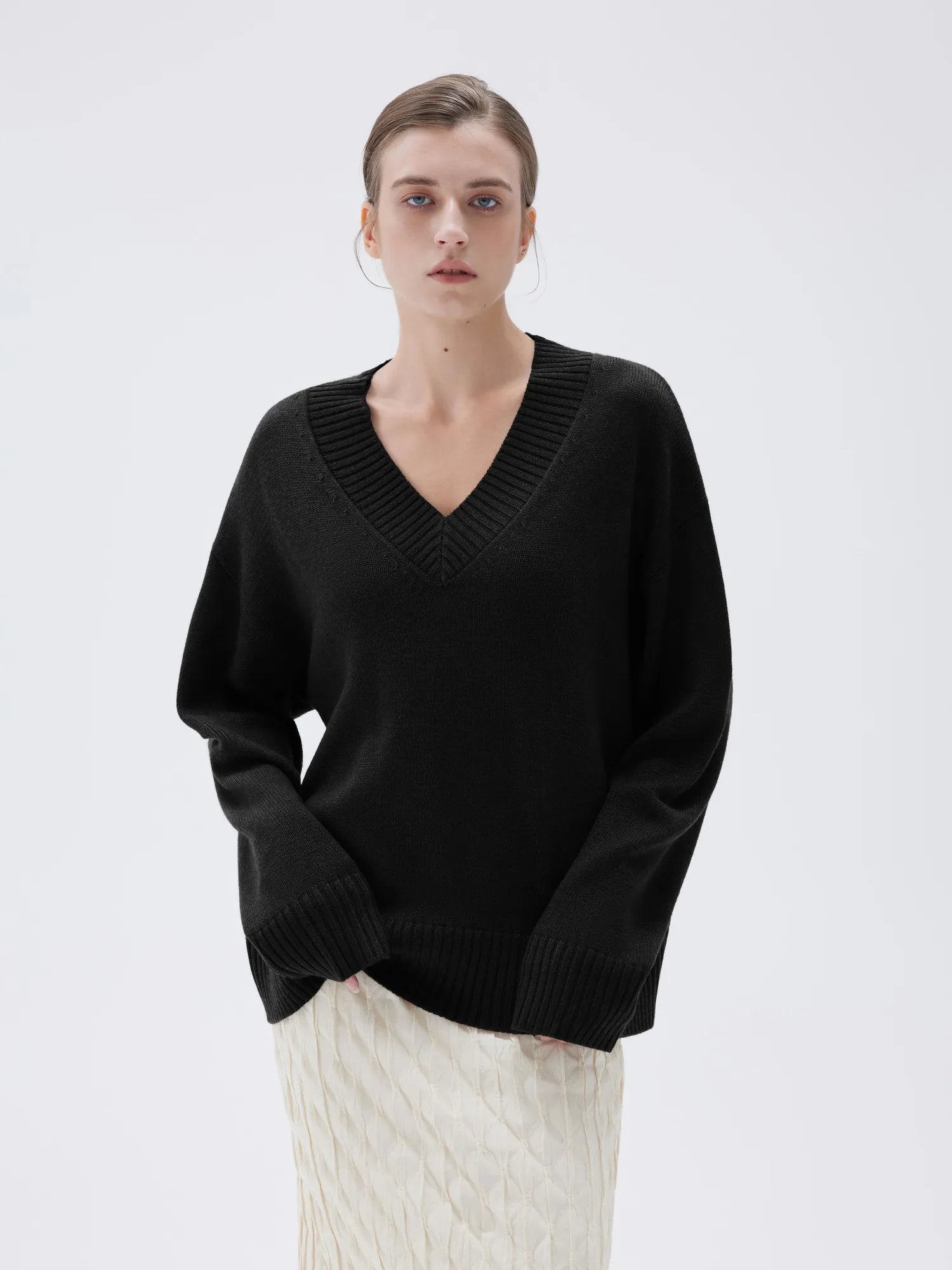 SUUKSESS Women Cashmere Oversized V Neck Pullover Sweaters Long Sleeve Jumpers-SUUKSESS-SUUKSESS