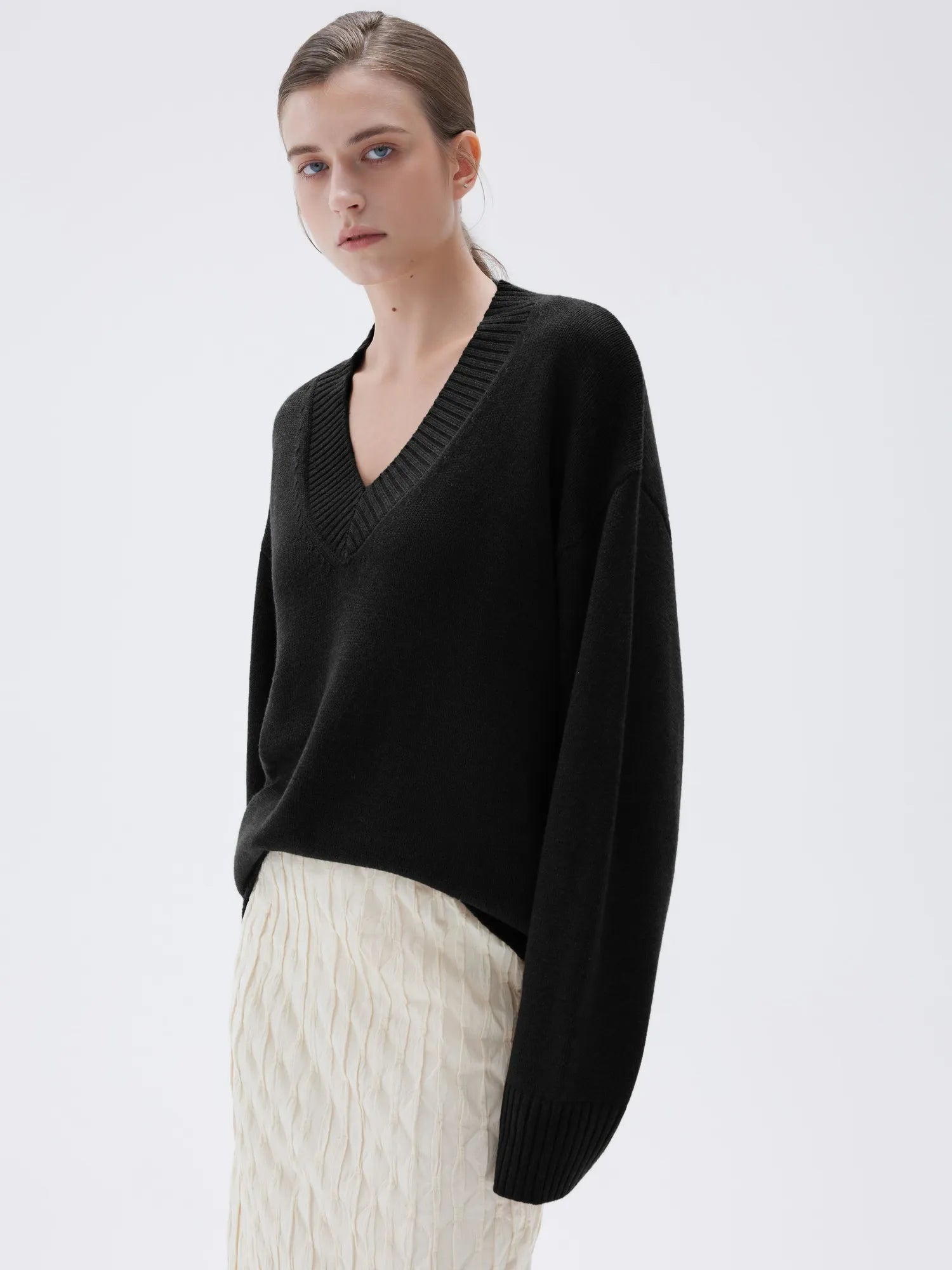 SUUKSESS Women Cashmere Oversized V Neck Pullover Sweaters Long Sleeve Jumpers-SUUKSESS-SUUKSESS