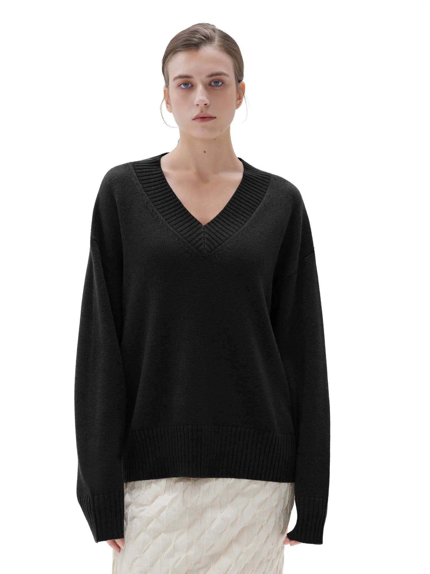 SUUKSESS Women Cashmere Oversized V Neck Pullover Sweaters Long Sleeve Jumpers-SUUKSESS-SUUKSESS