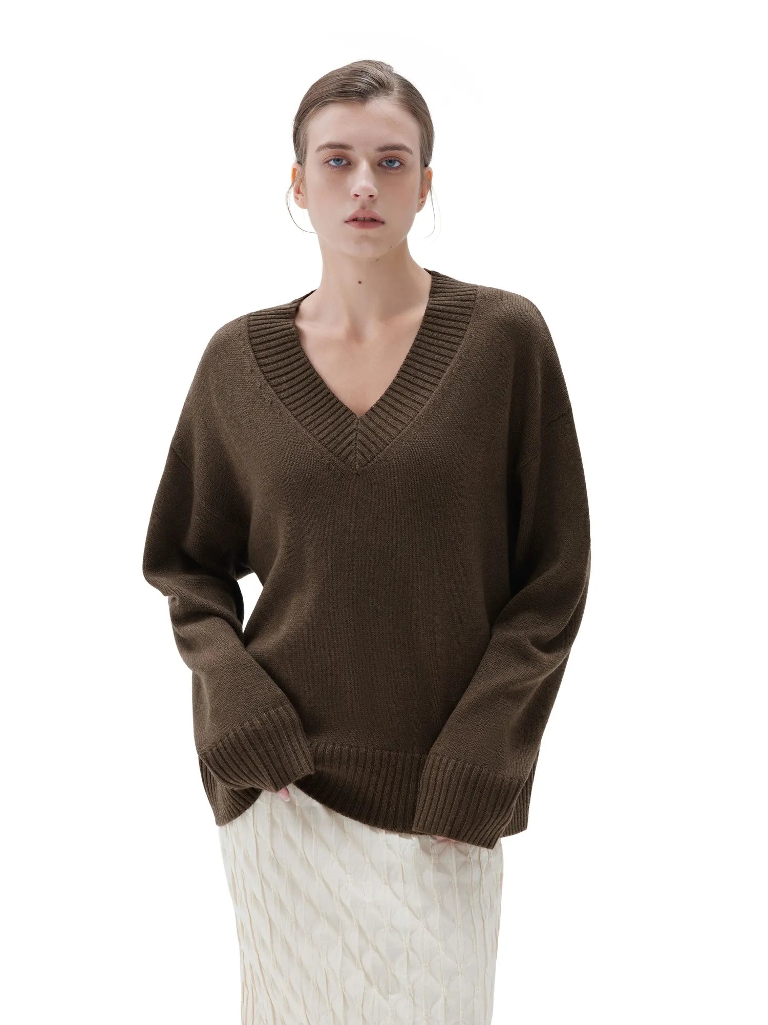 SUUKSESS Women Cashmere Oversized V Neck Pullover Sweaters Long Sleeve Jumpers-SUUKSESS-SUUKSESS
