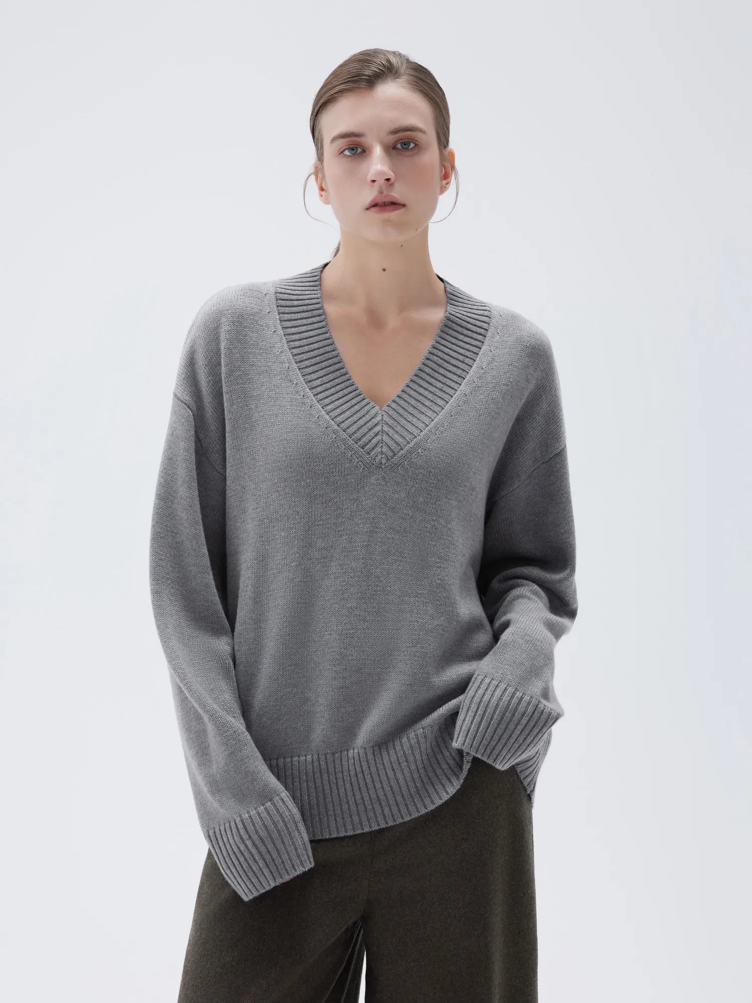 SUUKSESS Women Cashmere Oversized V Neck Pullover Sweaters Long Sleeve Jumpers-SUUKSESS-Grey-XS-SUUKSESS