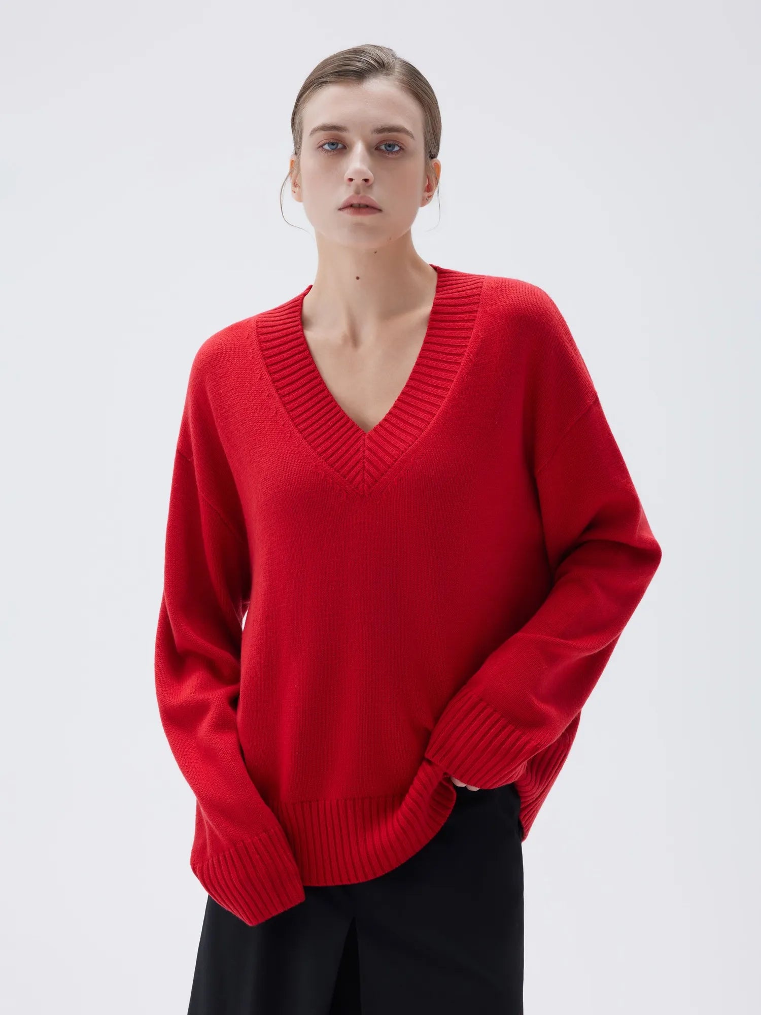 SUUKSESS Women Cashmere Oversized V Neck Pullover Sweaters Long Sleeve Jumpers-SUUKSESS-SUUKSESS