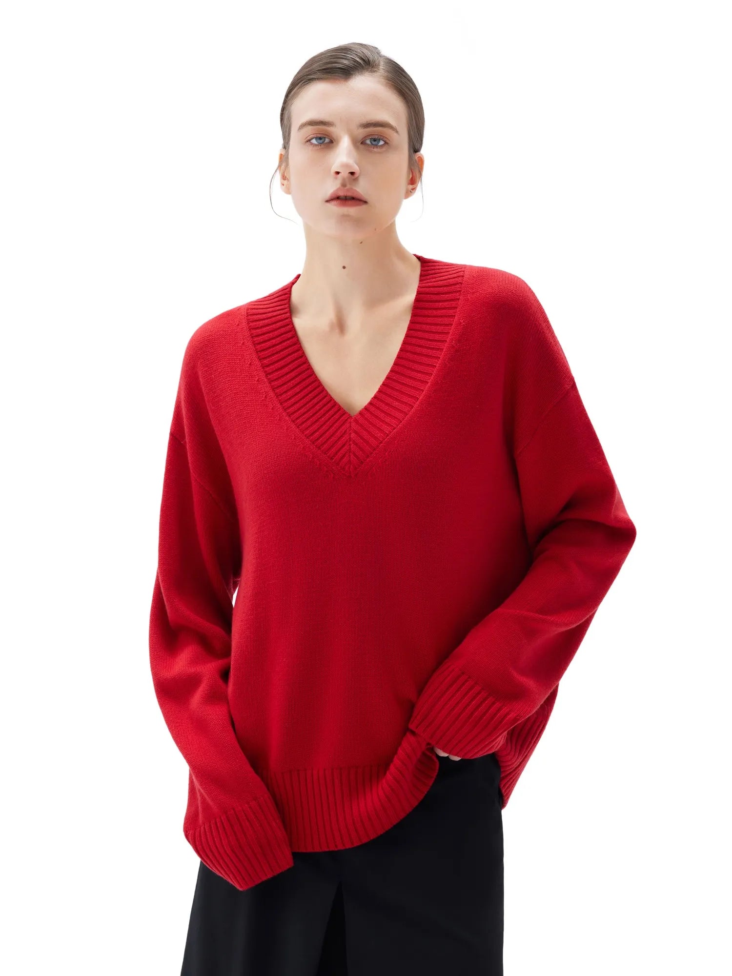 SUUKSESS Women Cashmere Oversized V Neck Pullover Sweaters Long Sleeve Jumpers-SUUKSESS-SUUKSESS