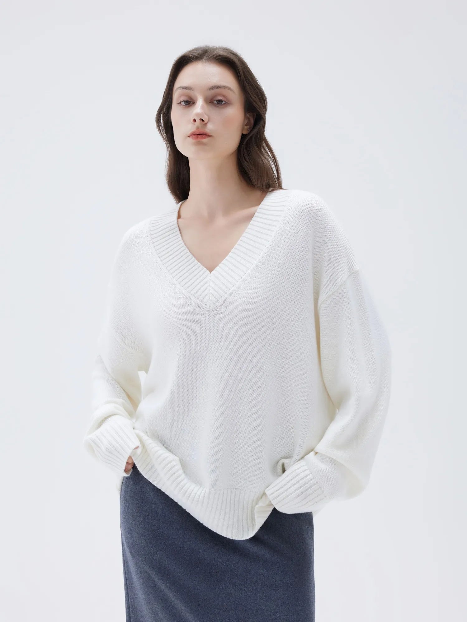 SUUKSESS Women Cashmere Oversized V Neck Pullover Sweaters Long Sleeve Jumpers-SUUKSESS-SUUKSESS