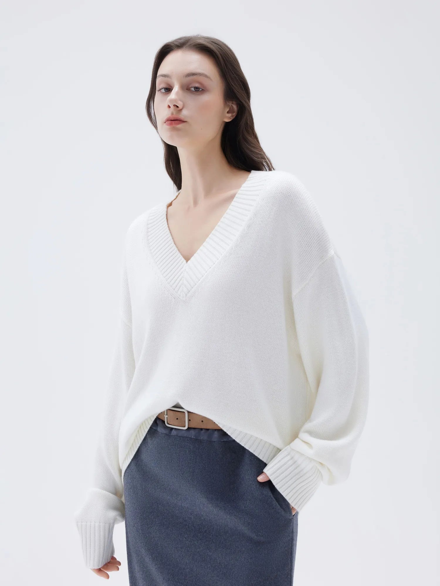 SUUKSESS Women Cashmere Oversized V Neck Pullover Sweaters Long Sleeve Jumpers-SUUKSESS-SUUKSESS