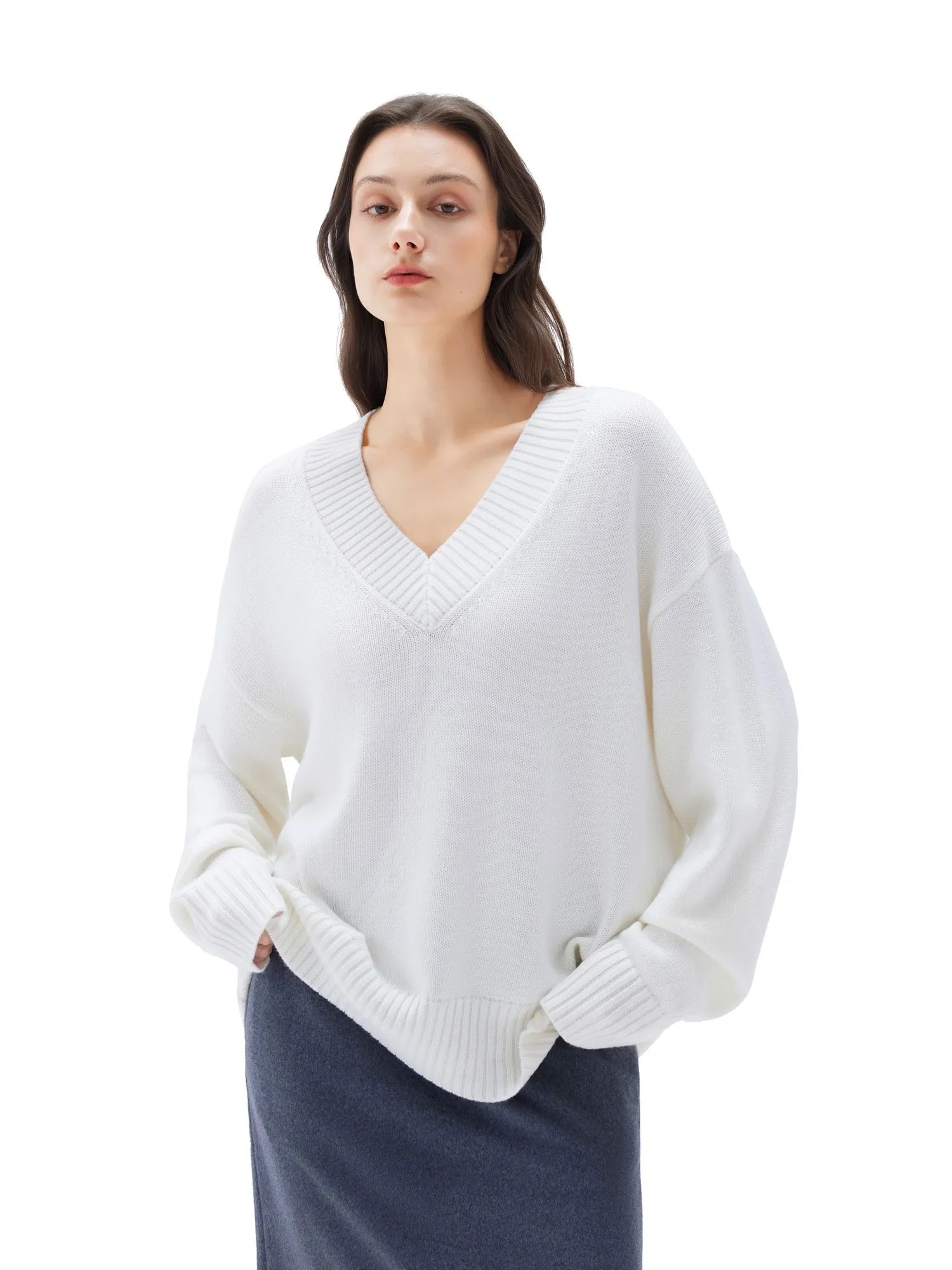 SUUKSESS Women Cashmere Oversized V Neck Pullover Sweaters Long Sleeve Jumpers-SUUKSESS-SUUKSESS