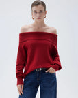 SUUKSESS Women Cashmere Off The Shoulder Sweater Oversized Knit Long Sleeve Tops-SUUKSESS-Wine-XS-SUUKSESS
