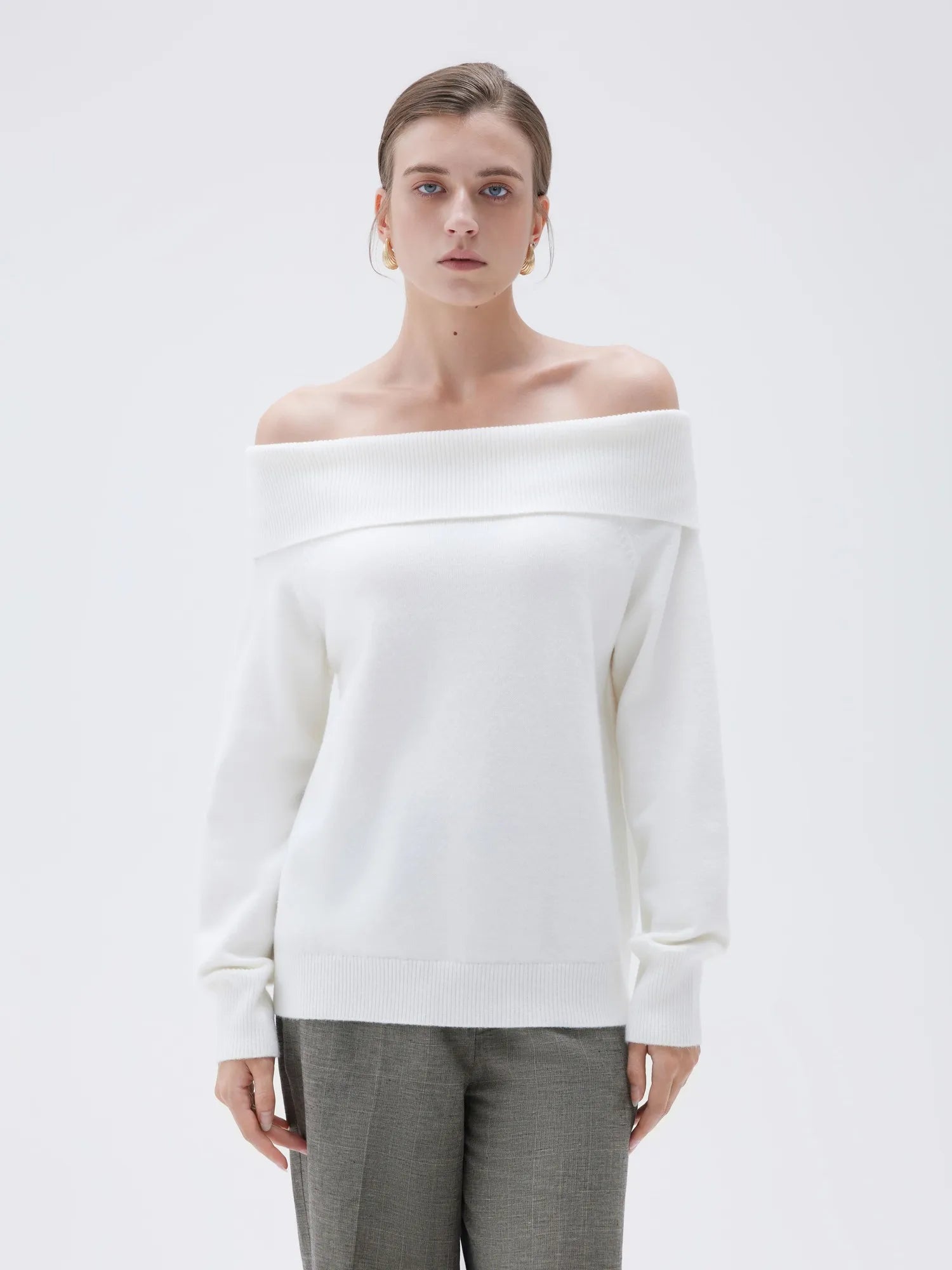 SUUKSESS Women Cashmere Off The Shoulder Sweater Oversized Knit Long Sleeve Tops-SUUKSESS-White-XS-SUUKSESS
