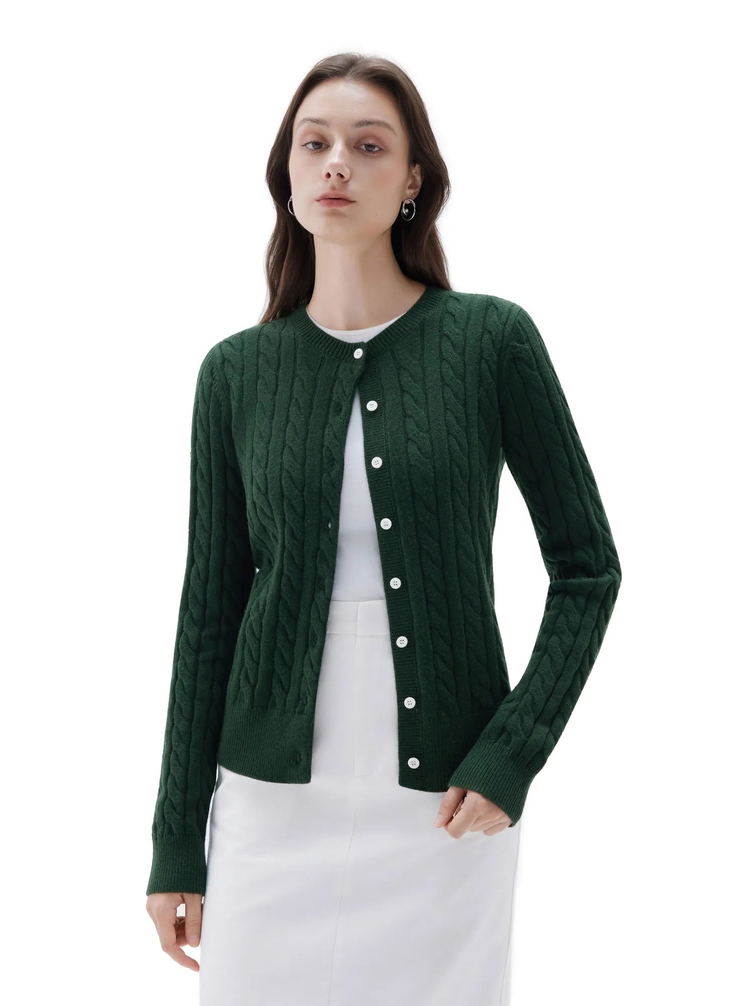 SUUKSESS Women Cable Knit Cashmere Sweaters Crew Neck Button Up Chunky Cardigan Long Sleeve Fall Outfits-SUUKSESS-Dark Green-XS-SUUKSESS