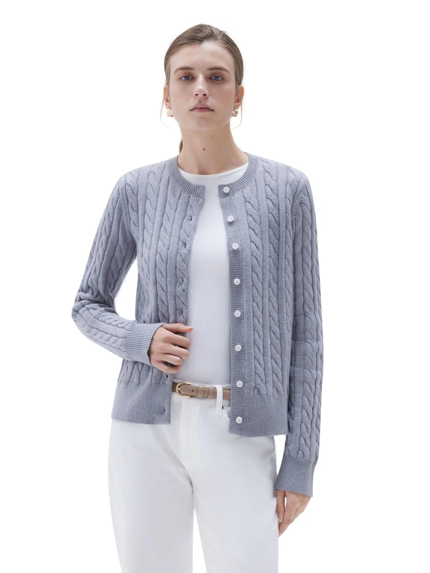 SUUKSESS Women Cable Knit Cashmere Sweaters Crew Neck Button Up Chunky Cardigan Long Sleeve Fall Outfits-SUUKSESS-Grey-XS-SUUKSESS
