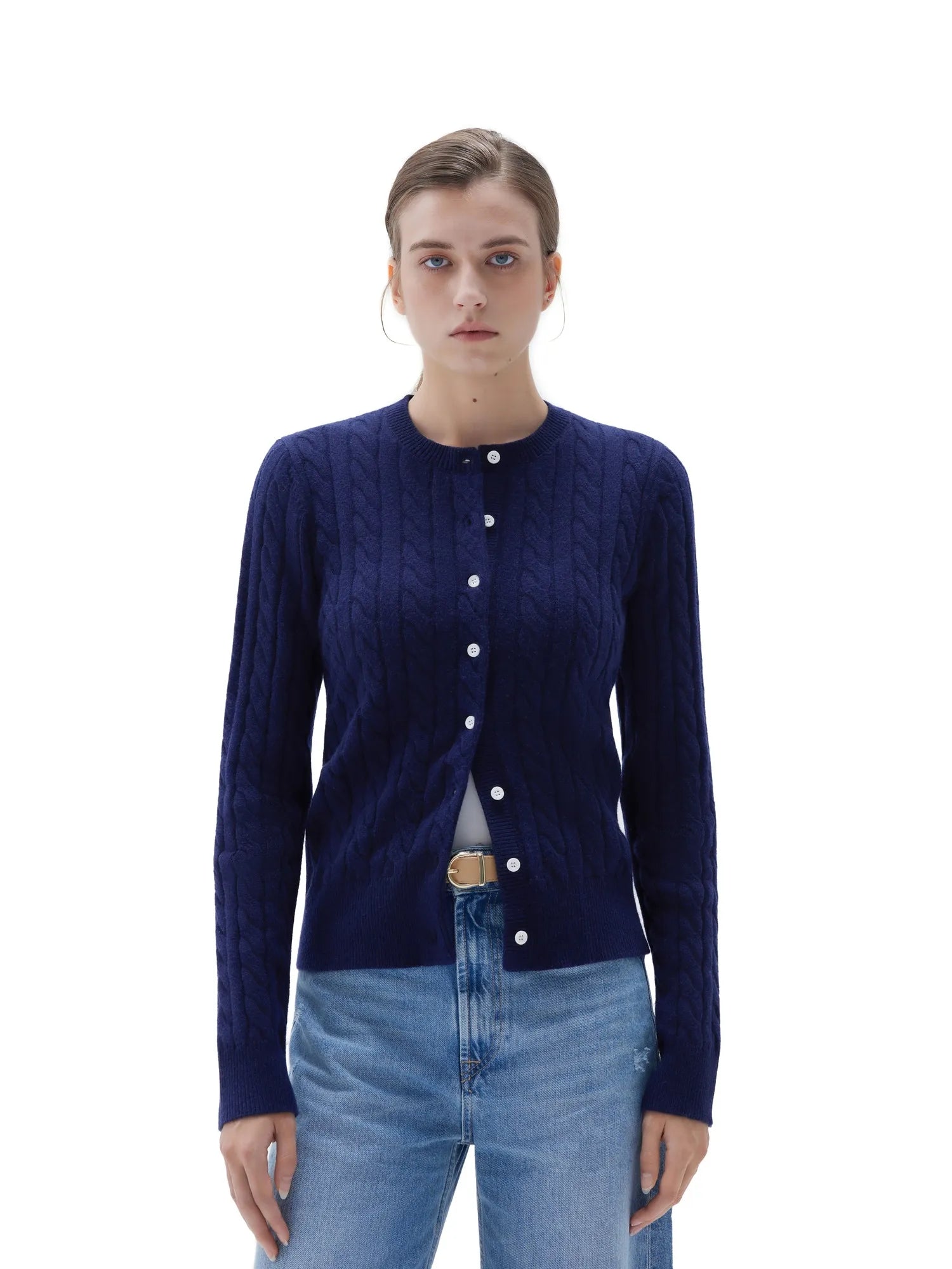 SUUKSESS Women Cable Knit Cashmere Sweaters Crew Neck Button Up Chunky Cardigan Long Sleeve Fall Outfits-SUUKSESS-Navy-XS-SUUKSESS