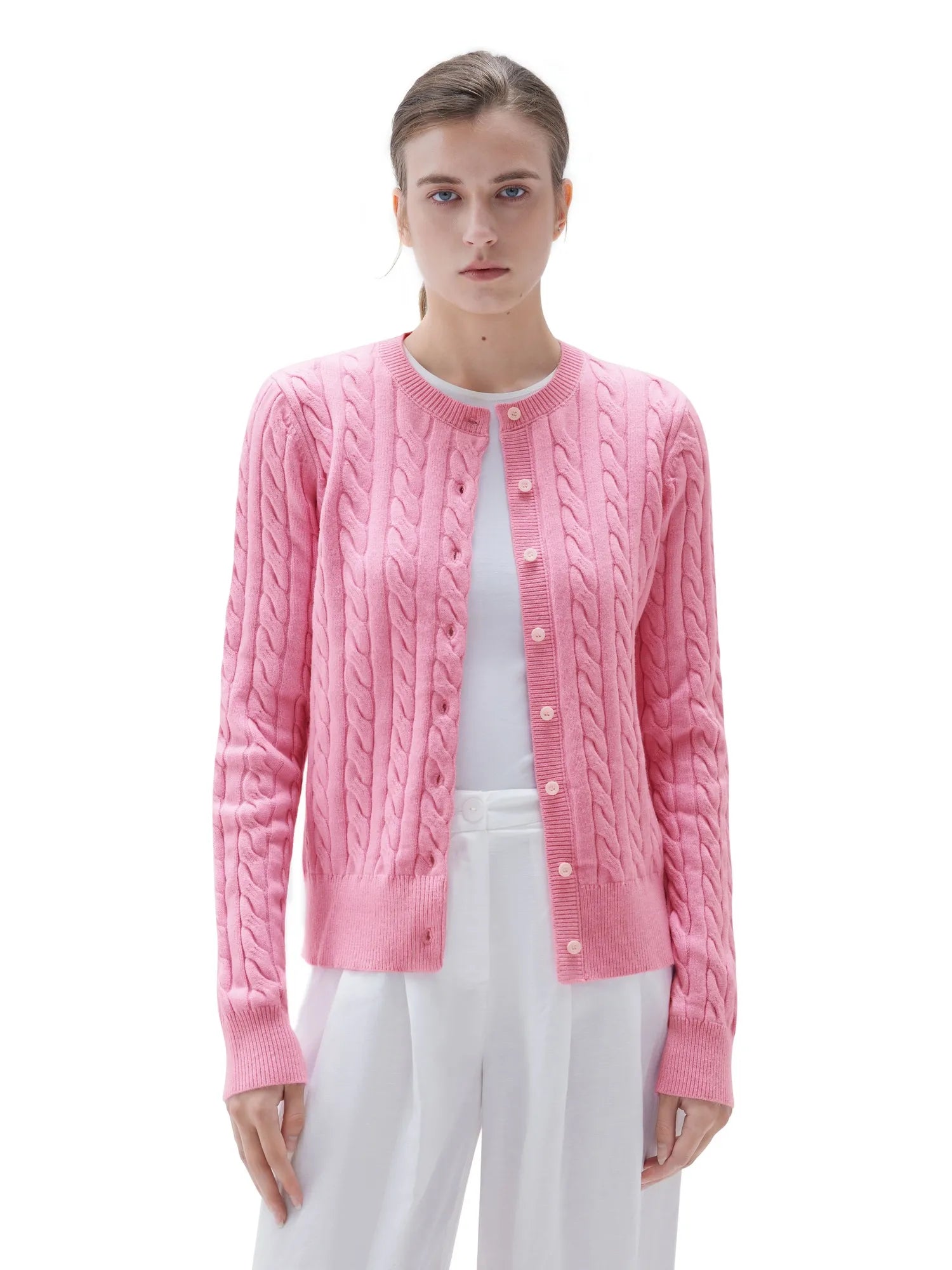 SUUKSESS Women Cable Knit Cashmere Sweaters Crew Neck Button Up Chunky Cardigan Long Sleeve Fall Outfits-SUUKSESS-Pink-XS-SUUKSESS