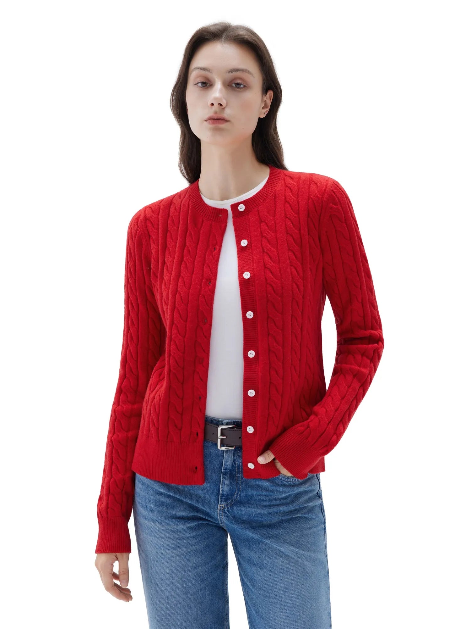 SUUKSESS Women Cable Knit Cashmere Sweaters Crew Neck Button Up Chunky Cardigan Long Sleeve Fall Outfits-SUUKSESS-Wine Red-XS-SUUKSESS
