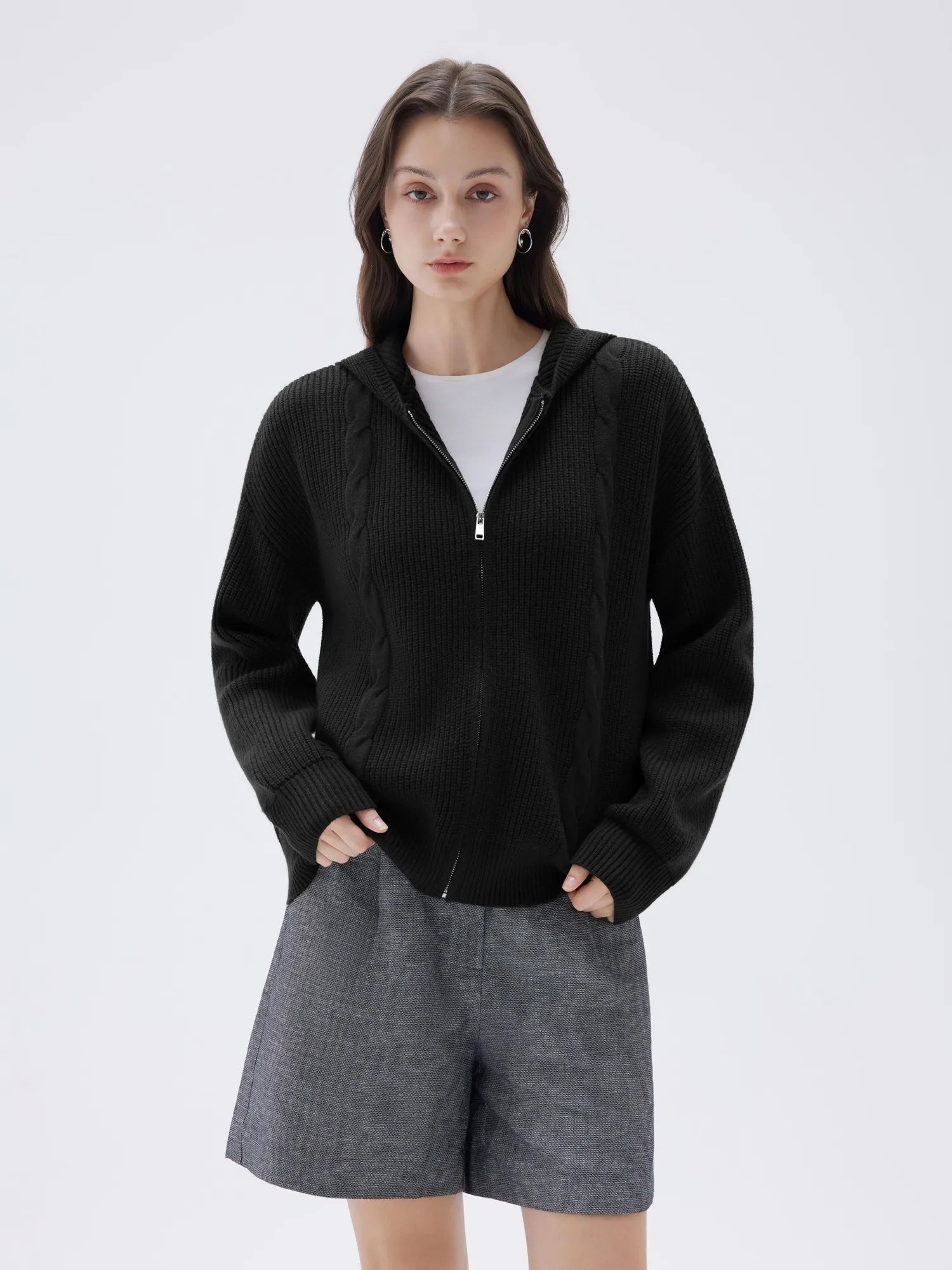 SUUKSESS Women Chunky Knit Cashmere Sweaters Zip up Oversized Hoodies Cardigan with Pockets Long Sleeve Fall Outerwear-SUUKSESS-Black-XS-SUUKSESS