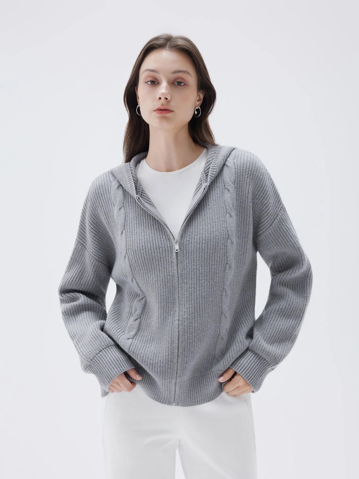 SUUKSESS Women Chunky Knit Cashmere Sweaters Zip up Oversized Hoodies Cardigan with Pockets Long Sleeve Fall Outerwear-SUUKSESS-Grey-XS-SUUKSESS