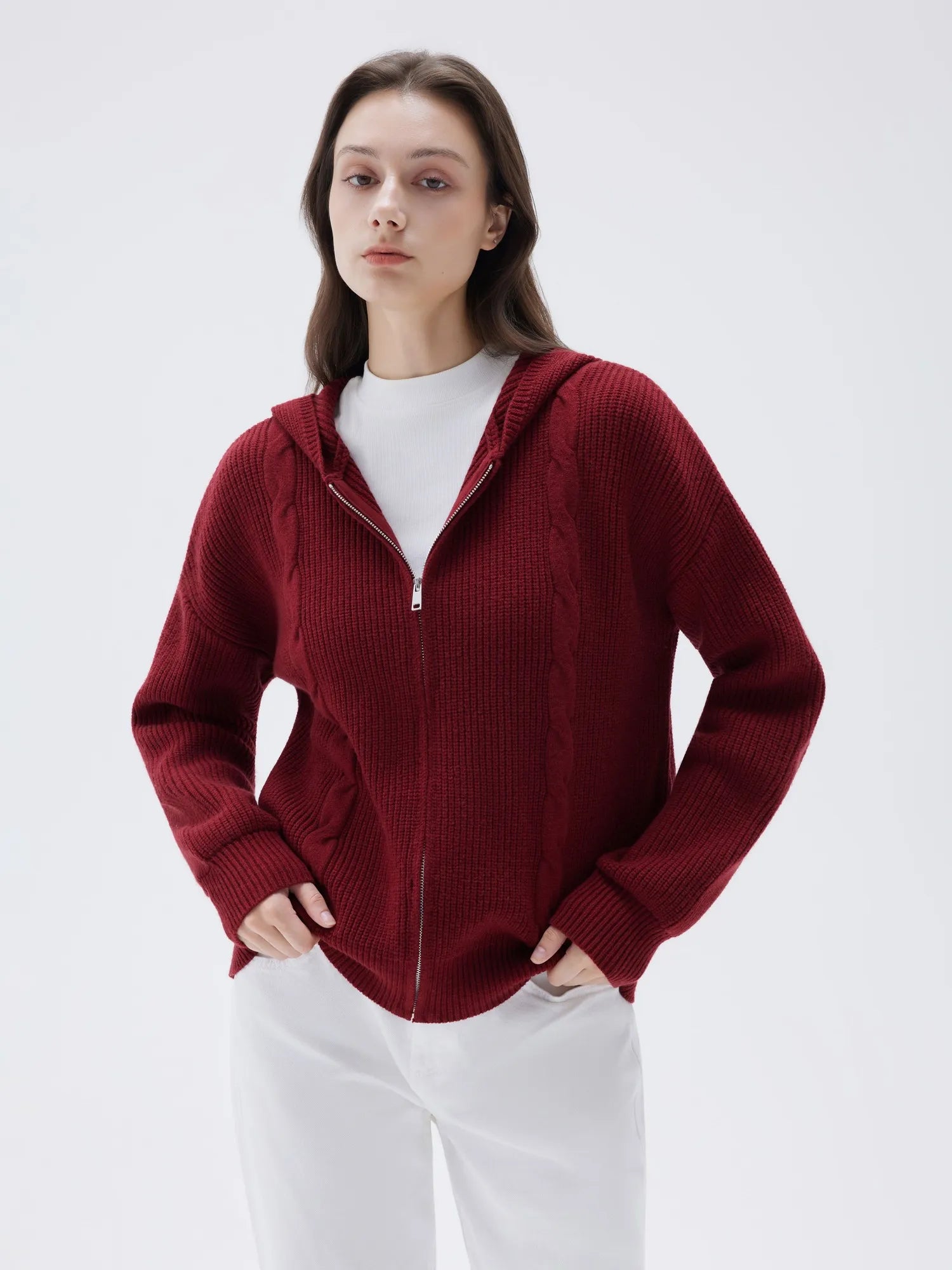 SUUKSESS Women Chunky Knit Cashmere Sweaters Zip up Oversized Hoodies Cardigan with Pockets Long Sleeve Fall Outerwear-SUUKSESS-Wine-XS-SUUKSESS