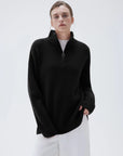 SUUKSESS Women Cashmere Oversized Quarter Zip Pullover Sweater Long Sleeve Collared Ribbed Knit Jumper Tops-SUUKSESS-Black-XS-SUUKSESS