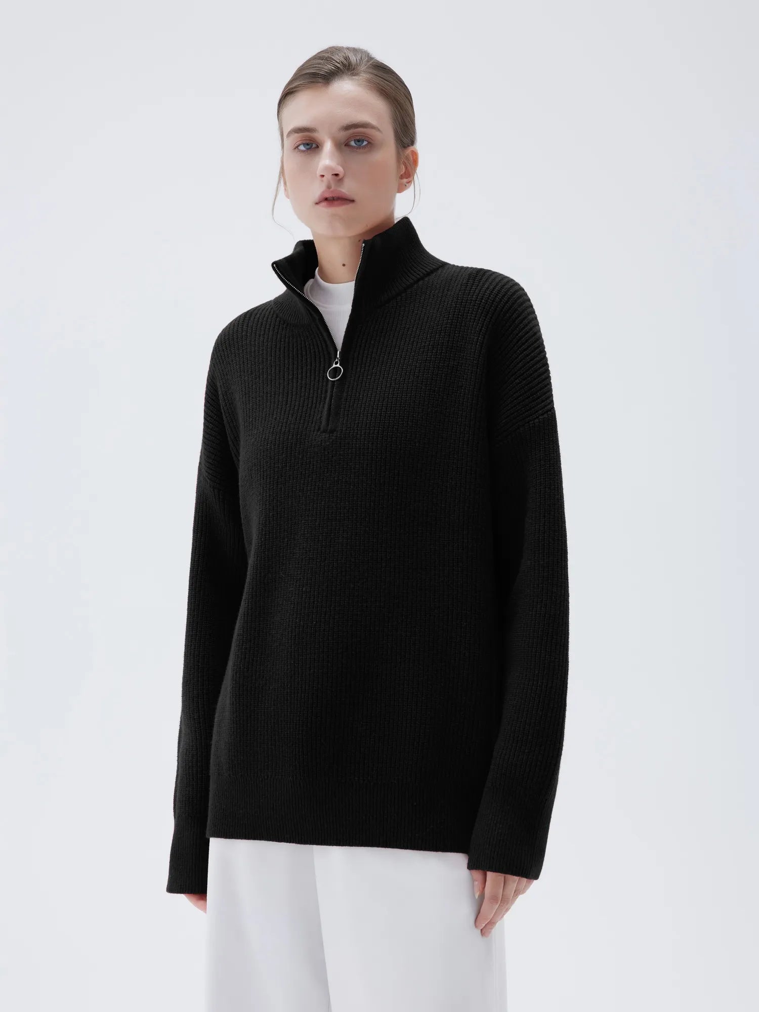 SUUKSESS Women Cashmere Oversized Quarter Zip Pullover Sweater Long Sleeve Collared Ribbed Knit Jumper Tops-SUUKSESS-SUUKSESS