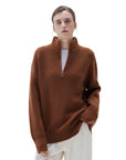 SUUKSESS Women Cashmere Oversized Quarter Zip Pullover Sweater Long Sleeve Collared Ribbed Knit Jumper Tops-SUUKSESS-Dirt-XS-SUUKSESS