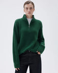 SUUKSESS Women Cashmere Oversized Quarter Zip Pullover Sweater Long Sleeve Collared Ribbed Knit Jumper Tops-SUUKSESS-Dark Green-XS-SUUKSESS