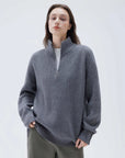 SUUKSESS Women Cashmere Oversized Quarter Zip Pullover Sweater Long Sleeve Collared Ribbed Knit Jumper Tops-SUUKSESS-Grey-XS-SUUKSESS