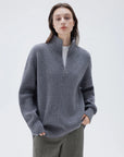 SUUKSESS Women Cashmere Oversized Quarter Zip Pullover Sweater Long Sleeve Collared Ribbed Knit Jumper Tops-SUUKSESS-SUUKSESS