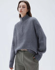SUUKSESS Women Cashmere Oversized Quarter Zip Pullover Sweater Long Sleeve Collared Ribbed Knit Jumper Tops-SUUKSESS-SUUKSESS
