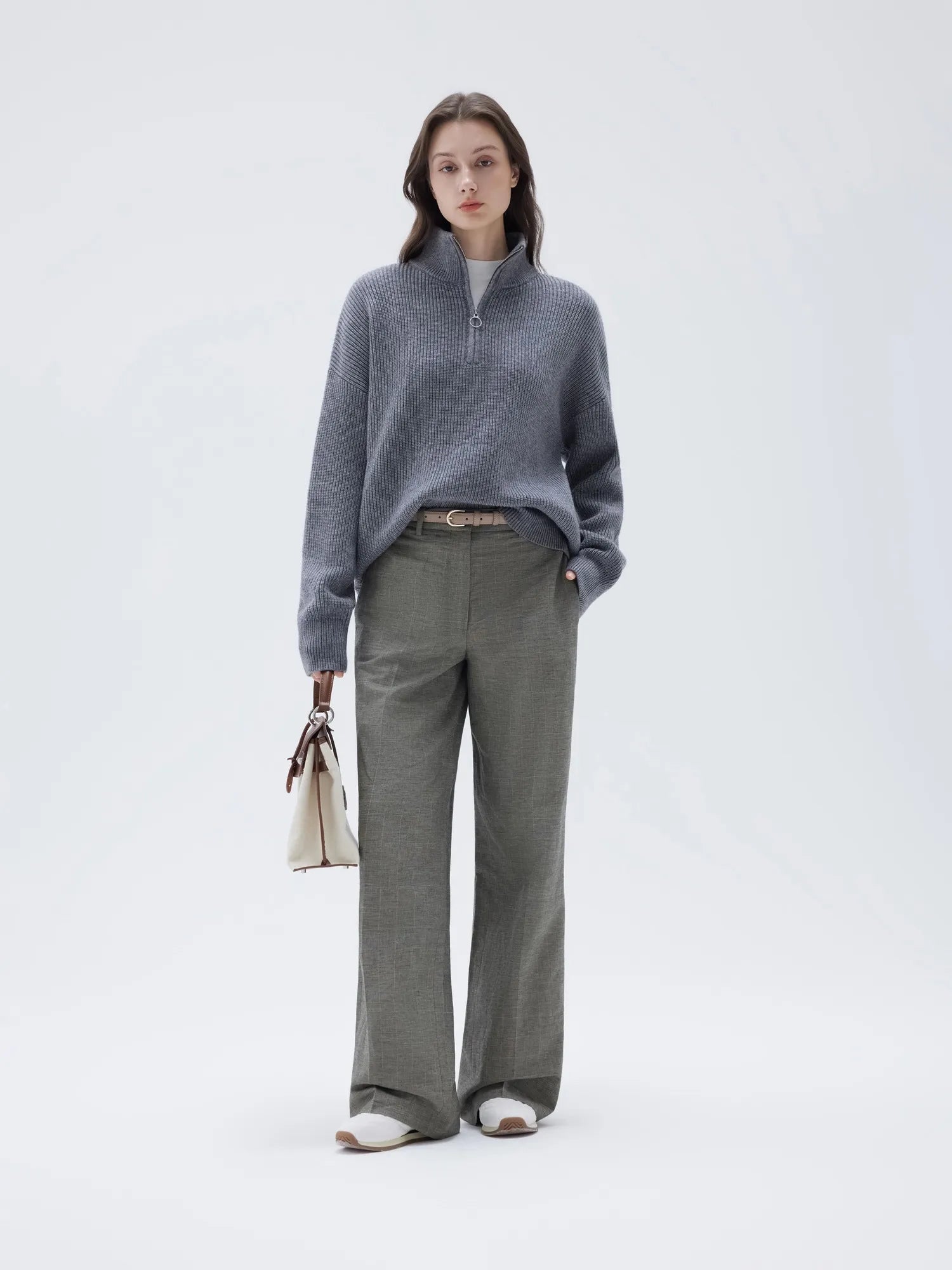 SUUKSESS Women Cashmere Oversized Quarter Zip Pullover Sweater Long Sleeve Collared Ribbed Knit Jumper Tops-SUUKSESS-SUUKSESS
