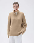 SUUKSESS Women Cashmere Oversized Quarter Zip Pullover Sweater Long Sleeve Collared Ribbed Knit Jumper Tops-SUUKSESS-Khaki-XS-SUUKSESS