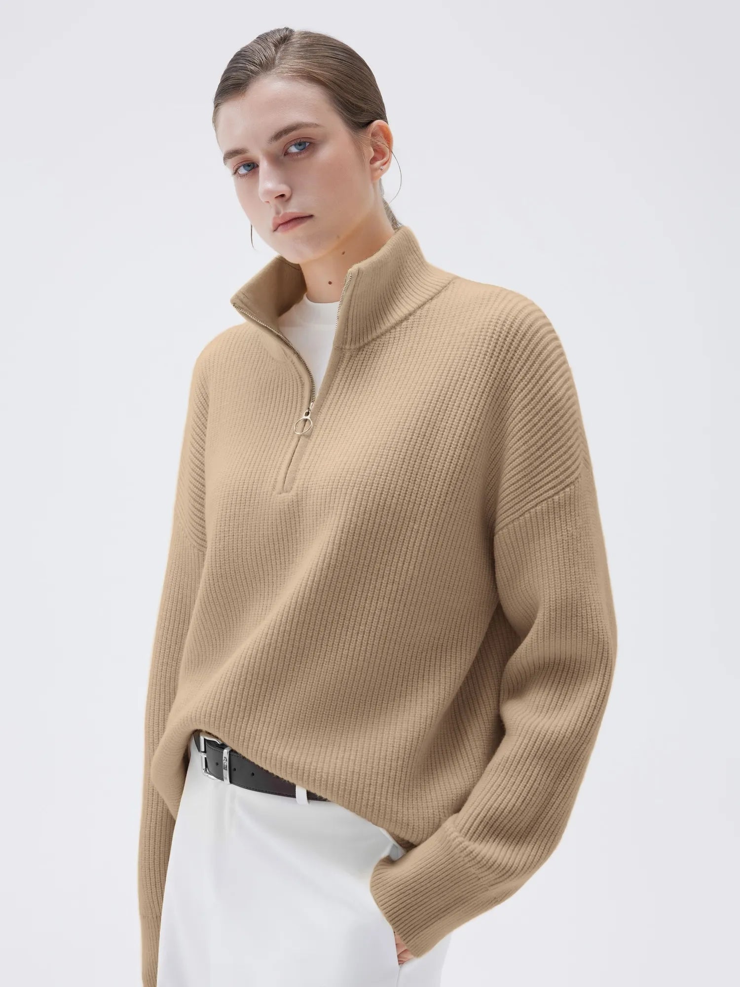 SUUKSESS Women Cashmere Oversized Quarter Zip Pullover Sweater Long Sleeve Collared Ribbed Knit Jumper Tops-SUUKSESS-SUUKSESS