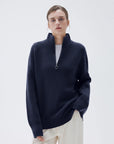 SUUKSESS Women Cashmere Oversized Quarter Zip Pullover Sweater Long Sleeve Collared Ribbed Knit Jumper Tops-SUUKSESS-Navy-XS-SUUKSESS