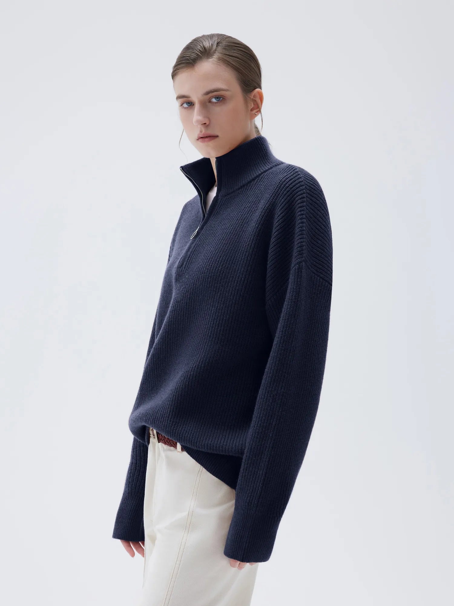 SUUKSESS Women Cashmere Oversized Quarter Zip Pullover Sweater Long Sleeve Collared Ribbed Knit Jumper Tops-SUUKSESS-SUUKSESS