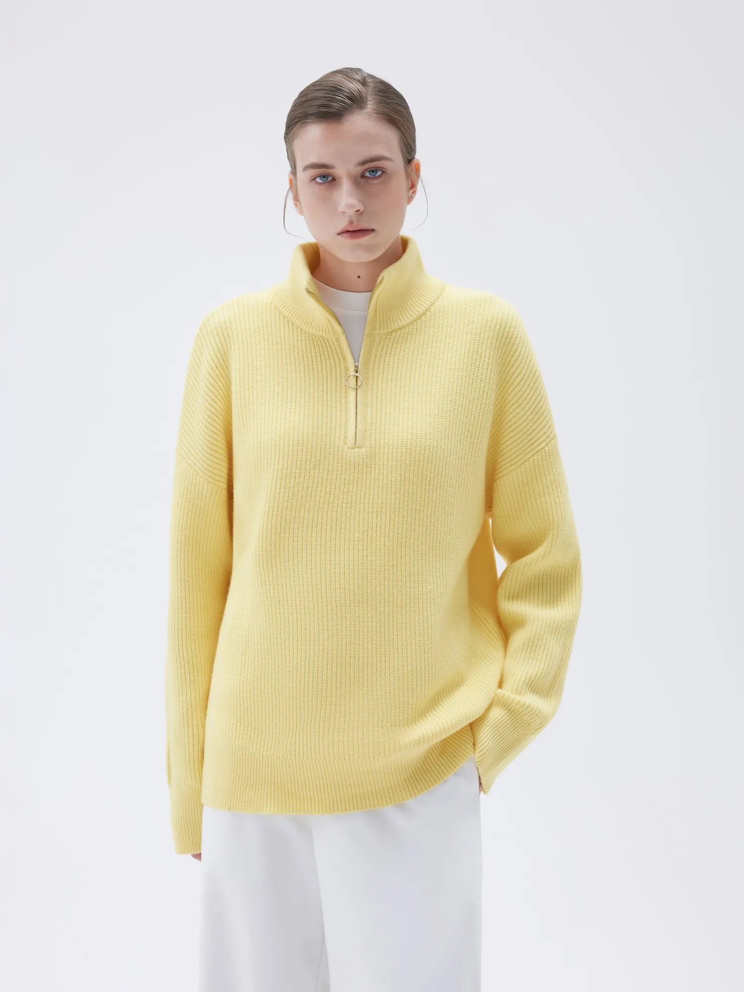 SUUKSESS Women Cashmere Oversized Quarter Zip Pullover Sweater Long Sleeve Collared Ribbed Knit Jumper Tops-SUUKSESS-Yellow-XS-SUUKSESS