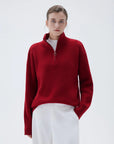 SUUKSESS Women Cashmere Oversized Quarter Zip Pullover Sweater Long Sleeve Collared Ribbed Knit Jumper Tops-SUUKSESS-Red-XS-SUUKSESS
