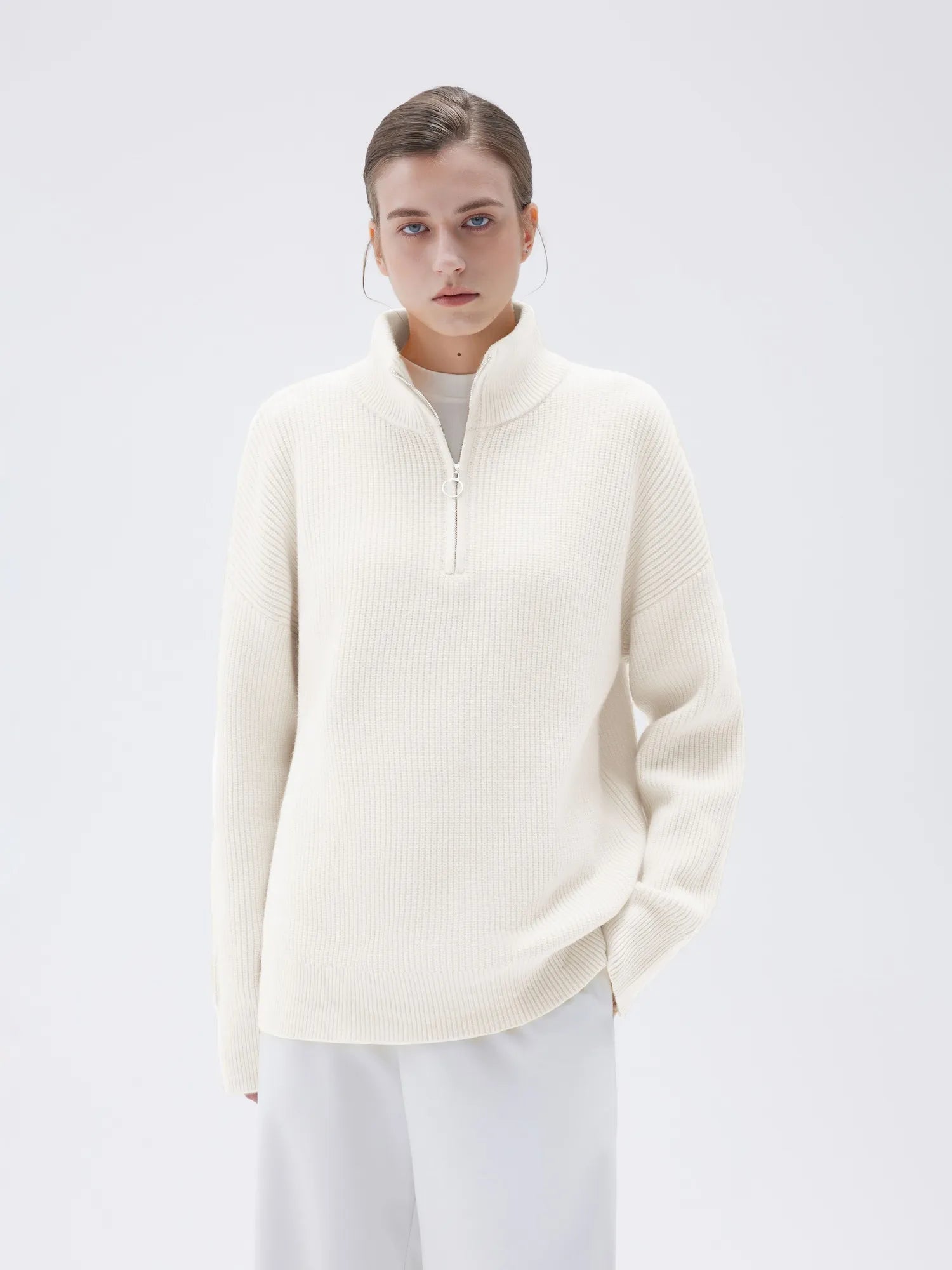 SUUKSESS Women Cashmere Oversized Quarter Zip Pullover Sweater Long Sleeve Collared Ribbed Knit Jumper Tops-SUUKSESS-White-XS-SUUKSESS