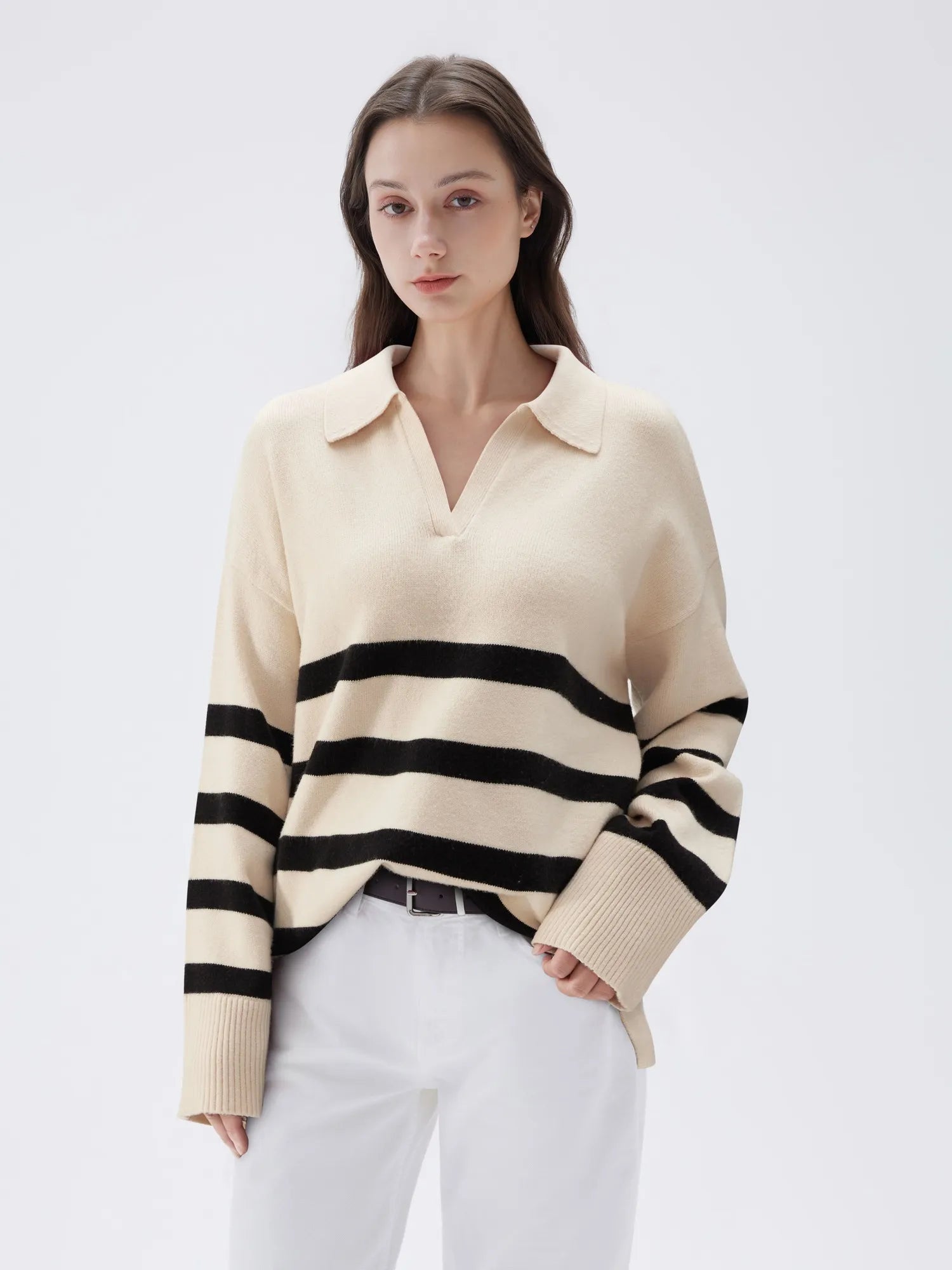 SUUKSESS Women Cashmere Oversized V Neck Pullover Sweaters Long Sleeve Collared Knit Jumper Tops-SUUKSESS-White Black Stripe-XS-SUUKSESS