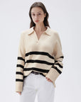SUUKSESS Women Cashmere Oversized V Neck Pullover Sweaters Long Sleeve Collared Knit Jumper Tops-SUUKSESS-White Black Stripe-XS-SUUKSESS