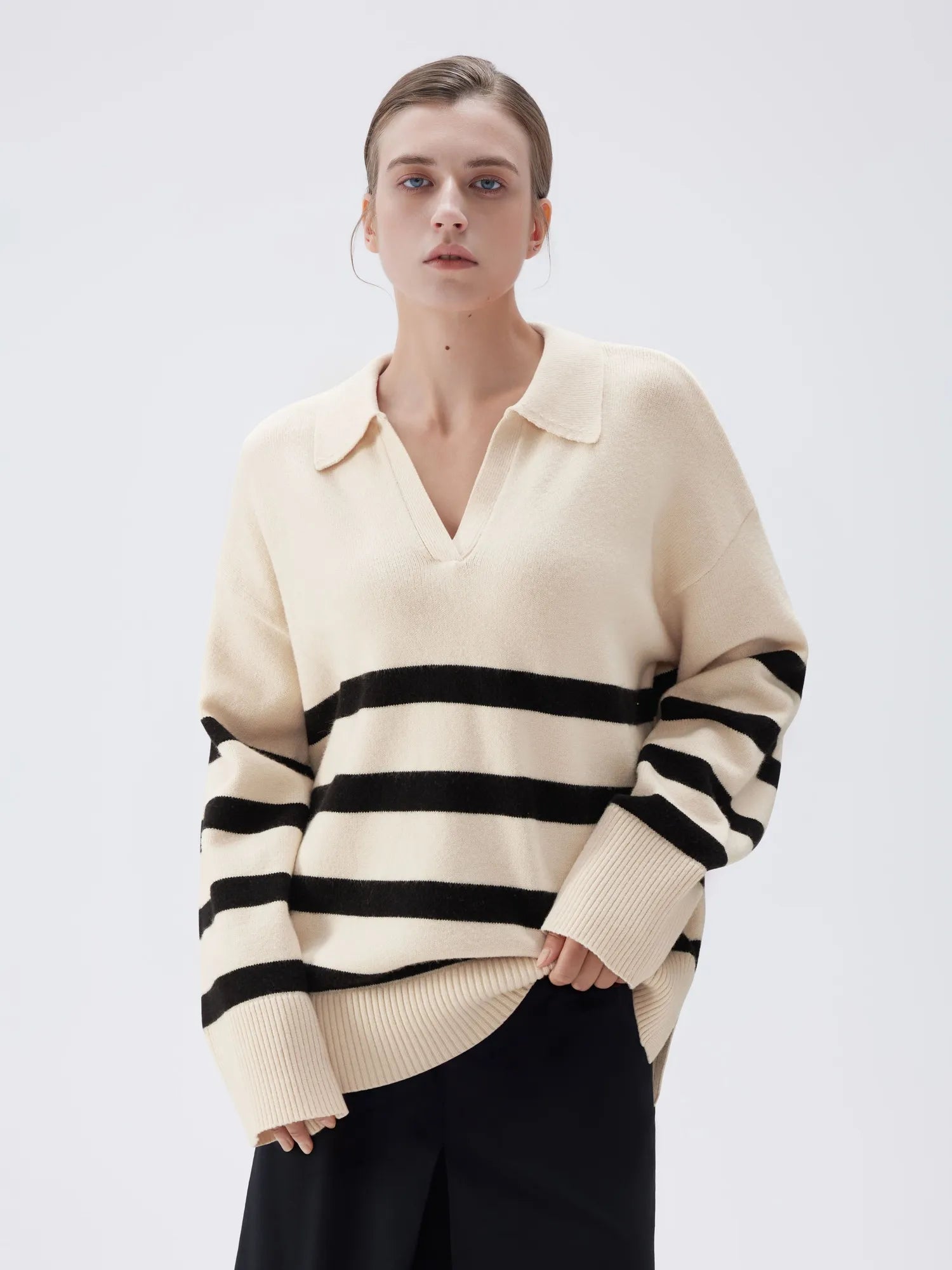 SUUKSESS Women Cashmere Oversized V Neck Pullover Sweaters Long Sleeve Collared Knit Jumper Tops-SUUKSESS-SUUKSESS