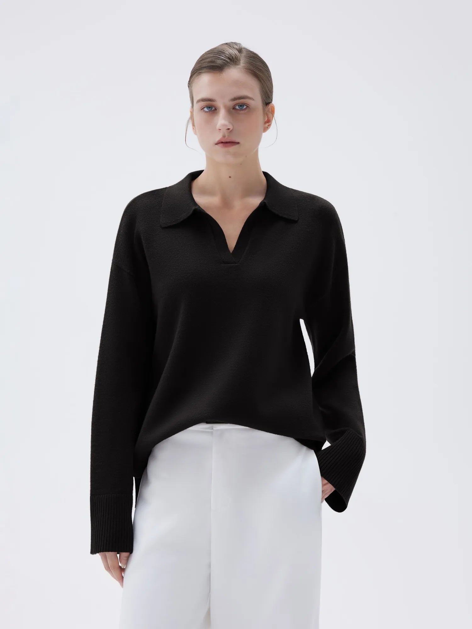 SUUKSESS Women Cashmere Oversized V Neck Pullover Sweaters Long Sleeve Collared Knit Jumper Tops-SUUKSESS-Black-XS-SUUKSESS