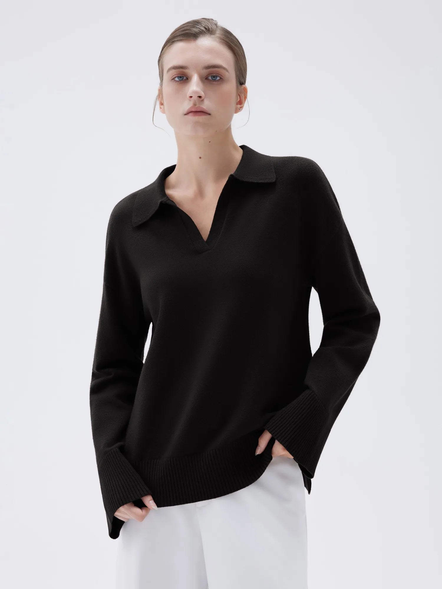 SUUKSESS Women Cashmere Oversized V Neck Pullover Sweaters Long Sleeve Collared Knit Jumper Tops-SUUKSESS-SUUKSESS