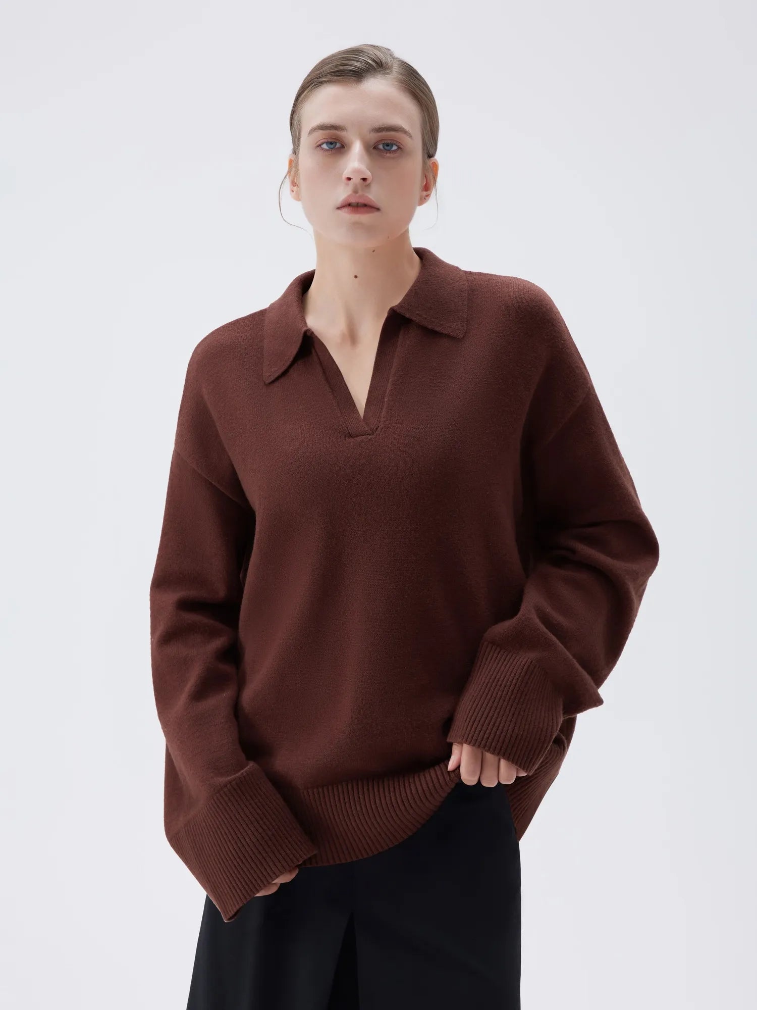 SUUKSESS Women Cashmere Oversized V Neck Pullover Sweaters Long Sleeve Collared Knit Jumper Tops-SUUKSESS-SUUKSESS