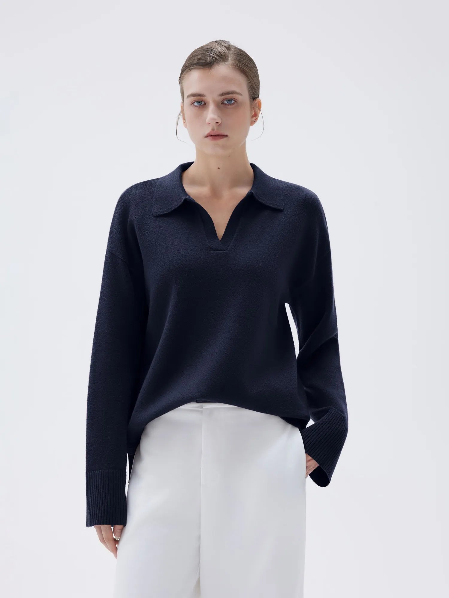 SUUKSESS Women Cashmere Oversized V Neck Pullover Sweaters Long Sleeve Collared Knit Jumper Tops-SUUKSESS-Navy-XS-SUUKSESS