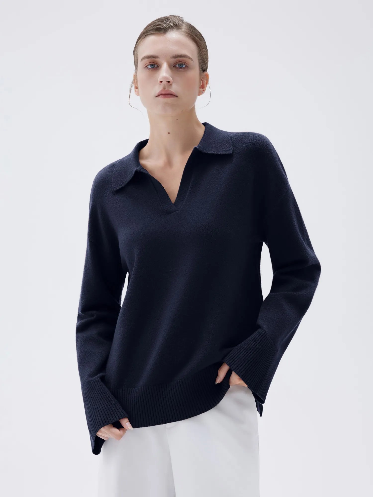 SUUKSESS Women Cashmere Oversized V Neck Pullover Sweaters Long Sleeve Collared Knit Jumper Tops-SUUKSESS-SUUKSESS