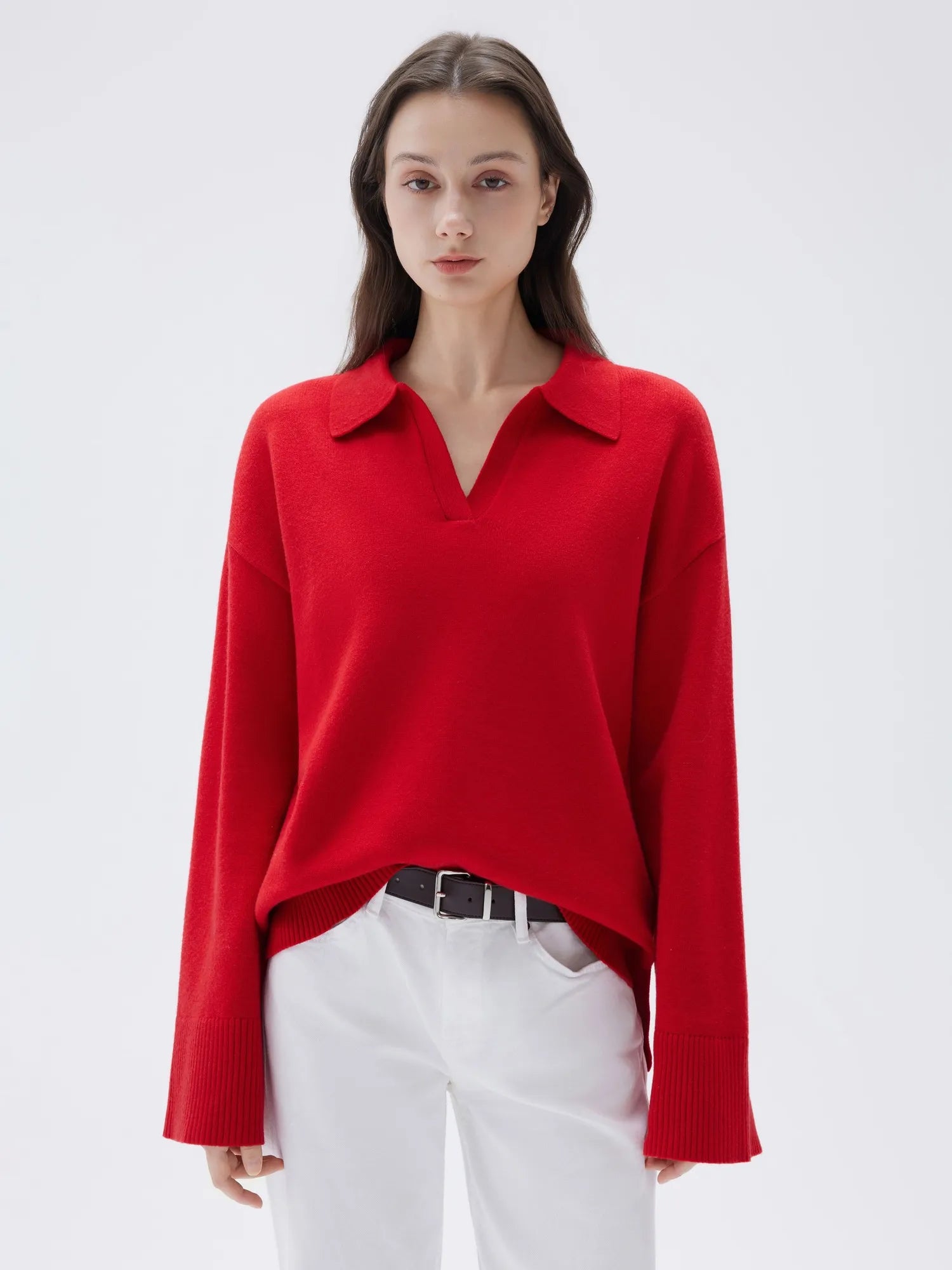 SUUKSESS Women Cashmere Oversized V Neck Pullover Sweaters Long Sleeve Collared Knit Jumper Tops-SUUKSESS-SUUKSESS