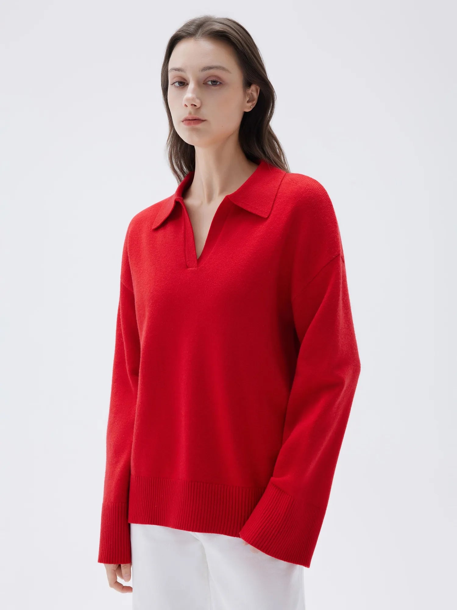 SUUKSESS Women Cashmere Oversized V Neck Pullover Sweaters Long Sleeve Collared Knit Jumper Tops-SUUKSESS-SUUKSESS