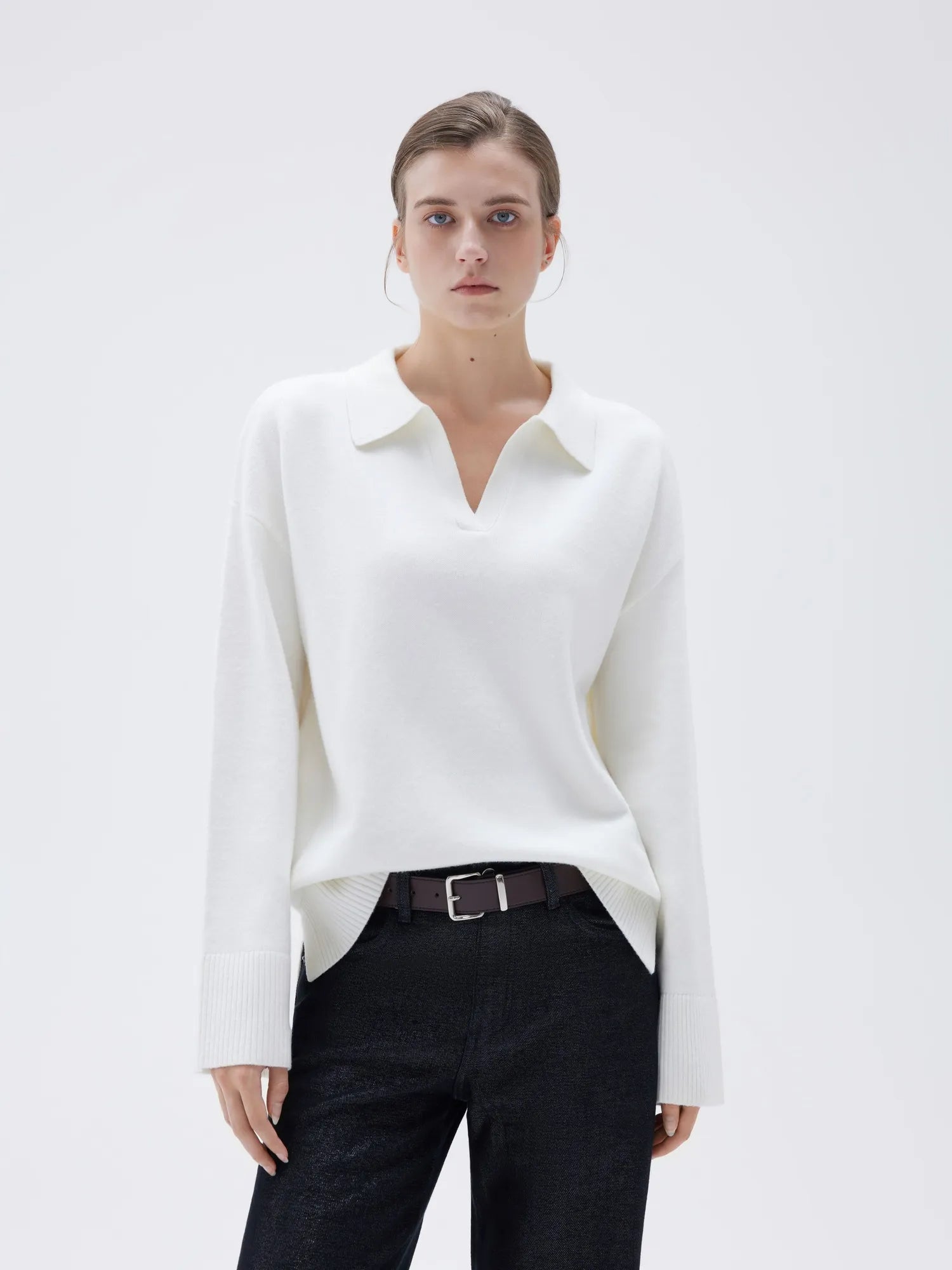 SUUKSESS Women Cashmere Oversized V Neck Pullover Sweaters Long Sleeve Collared Knit Jumper Tops-SUUKSESS-White-XS-SUUKSESS