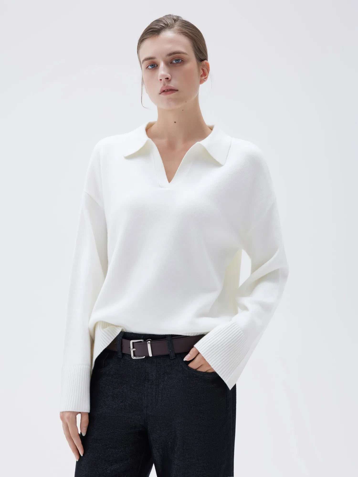 SUUKSESS Women Cashmere Oversized V Neck Pullover Sweaters Long Sleeve Collared Knit Jumper Tops-SUUKSESS-SUUKSESS