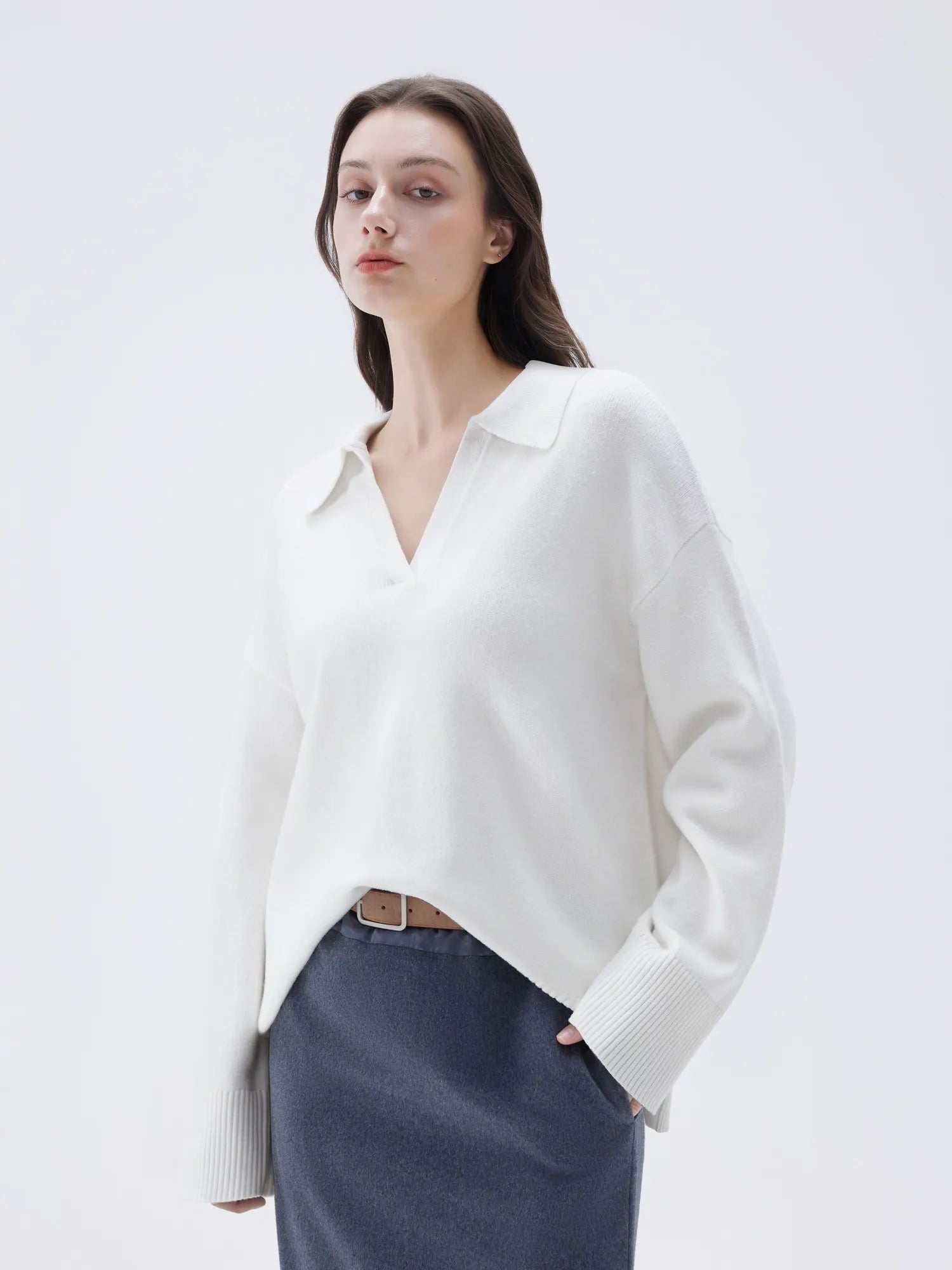 SUUKSESS Women Cashmere Oversized V Neck Pullover Sweaters Long Sleeve Collared Knit Jumper Tops-SUUKSESS-SUUKSESS