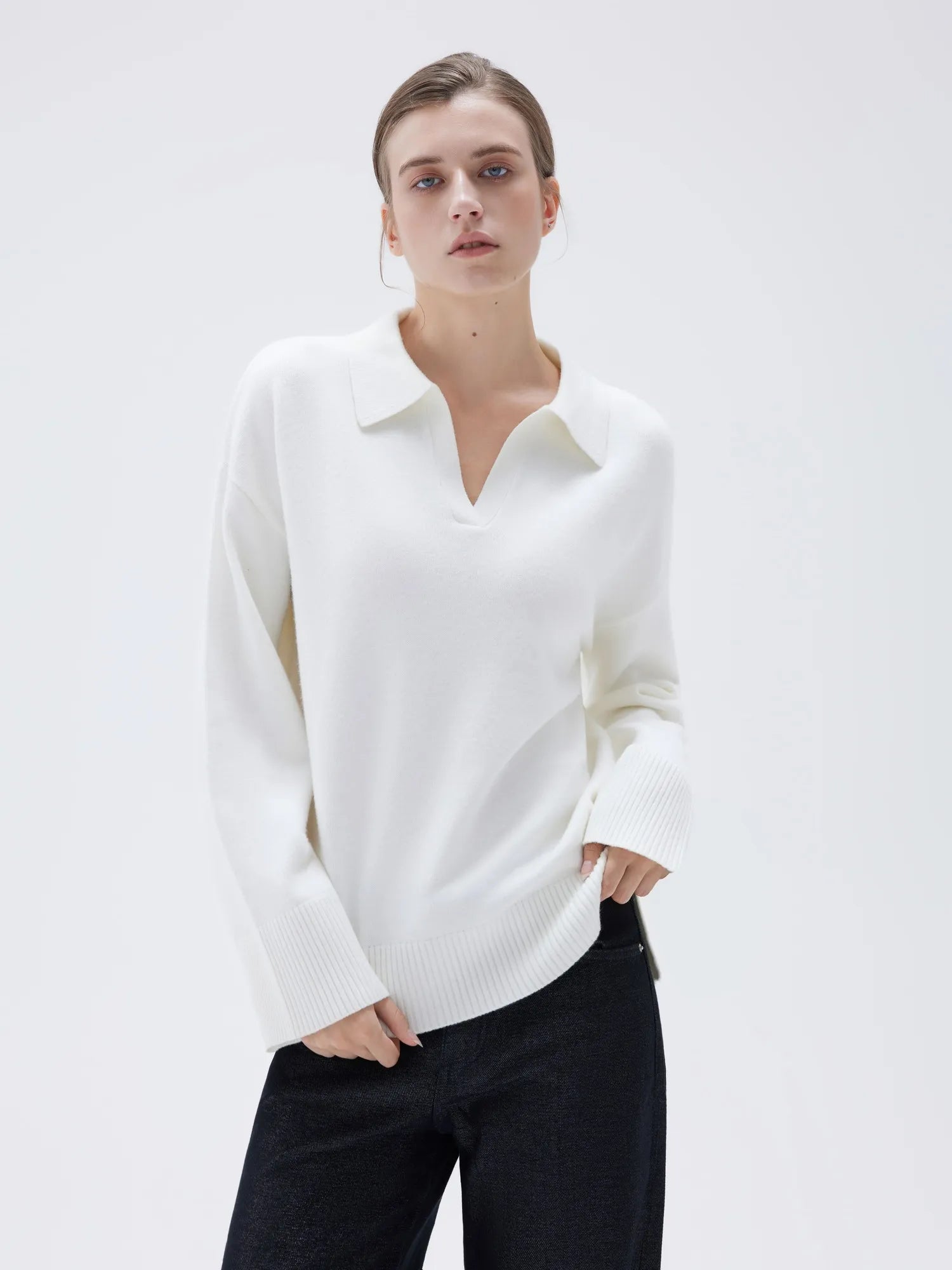 SUUKSESS Women Cashmere Oversized V Neck Pullover Sweaters Long Sleeve Collared Knit Jumper Tops-SUUKSESS-SUUKSESS