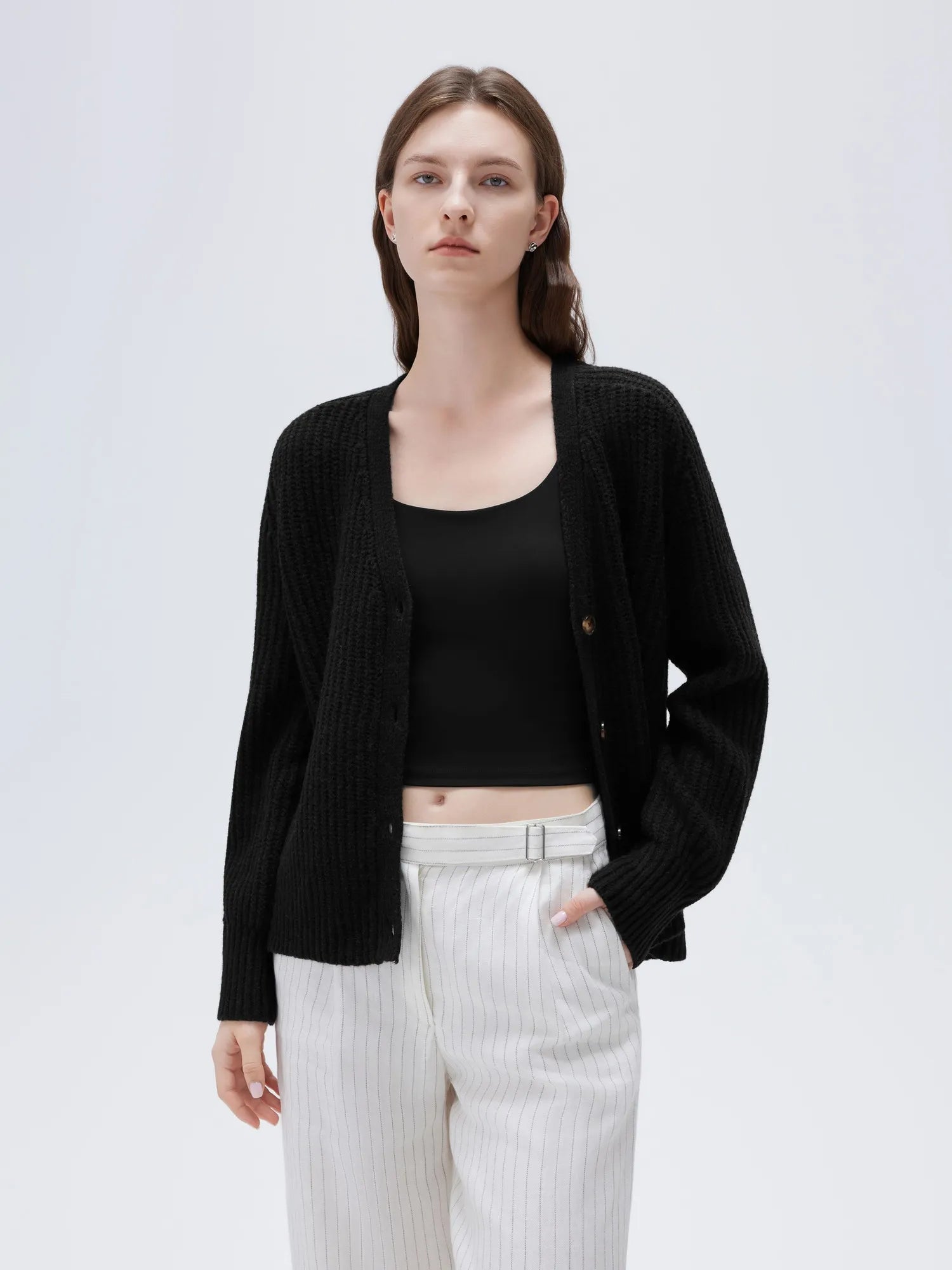 SUUKSESS Women Long Sleeve Button Down Short Cardigan 2025 Fall Loose Open Front Knit Sweater-SUUKSESS-Black-XS-SUUKSESS